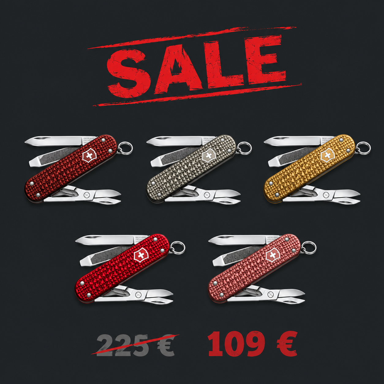 Victorinox Classic Precious Alox 58mm set of 5 pieces: Gold, Red, Silver, Brown, Pink (NEW) (slightly damaged boxes)